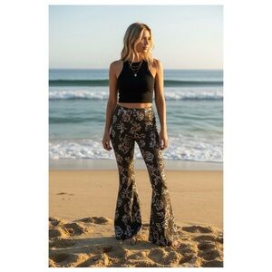Free People Born To Be Wild Black Combo Stretch Ponte Bell Bottom Flare Pants 4